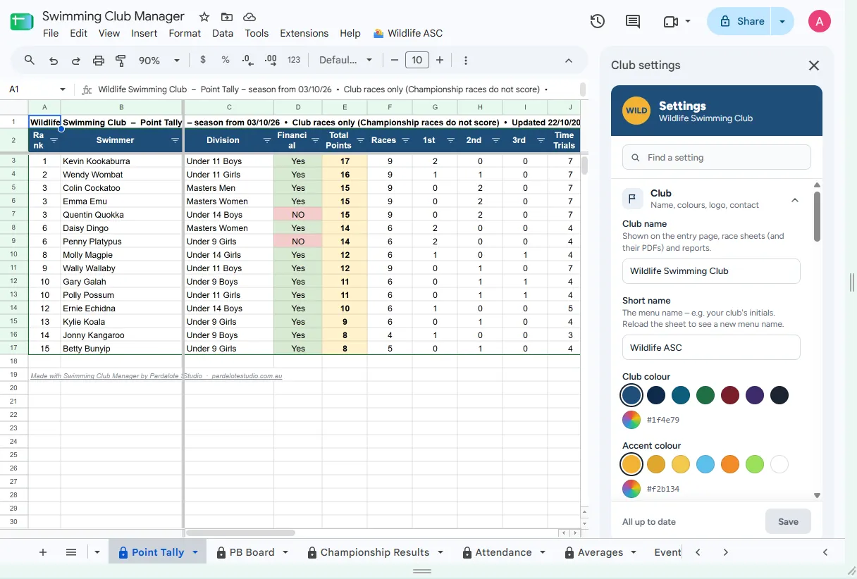 The Settings panel open on the right of the Google Sheet, beside the Point Tally tab: a Find a setting search box, then the Club section with club name, short name, club colour and accent colour swatches, and a Save button at the foot